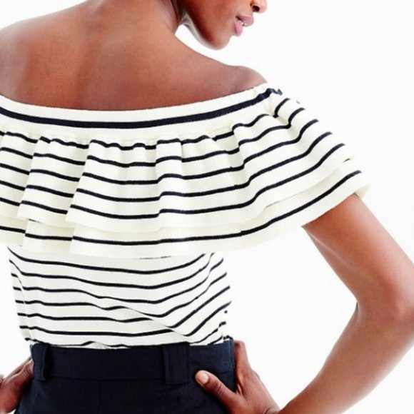 MOVING SALE!! J.Crew Striped Off-The-Shoulder Ruffle Sweater M - Picture 3 of 4